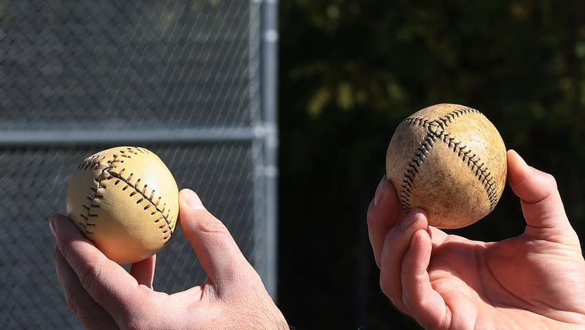 The earliest baseballs were handmade, often by the pitcher, and were smaller, lighter, softer and livelier—meaning that they could be hit further and bounce higher than those in use today. Pictured on left is a ball similar to what could have been in use in 1825. ..It’s a good thing the ball was soft, as a runner could be thrown out by getting “soaked,” or hit directly by a ball thrown by a fielder. The ball on the right is representative of the mid-1850s. The ball became larger, heavier and less lively...