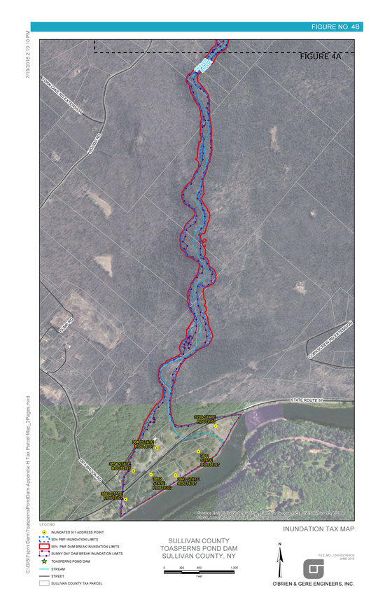 The Emergency Action Plan for the Toasperns Pond Dam was originally created by O’Brien-Gere Engineers, Inc in December 2017. The plan which is updated each year outlines the lines of communication between the county and local emergency services and municipalities. Local emergency services are required to sign off that the plan has been received and reviewed yearly. According to the DEC, dam owners are required to review their downstream areas, during their engineering assessments, or when they become aware of downstream changes, as hazard class can be affected (to a higher or lower class dam) by downstream development or changes such as the construction of roads, houses, campgrounds, etc., or the removal of these type of structures. The list of property owners, according to Robert Trotta who issued the October 24 revision, has not been updated.