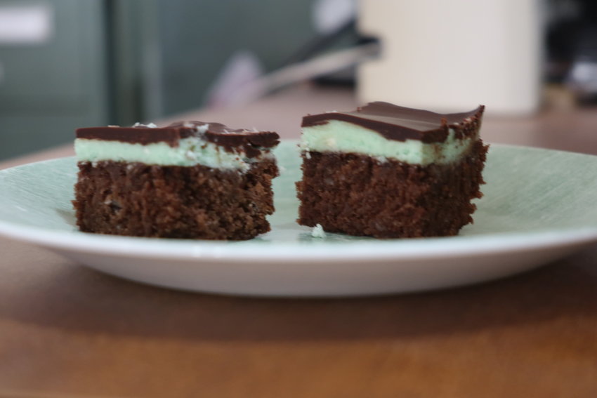 Each of the layers—rich chocolate cake, mint icing, and chocolate glaze—are fairly simple to prepare. And the resulting bar is a delicious confection that is universally enjoyed. 