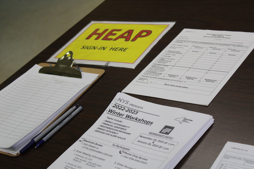 A table with HEAP applications and sign-in sheets. This is where in-person interviews are conducted for HEAP approval.