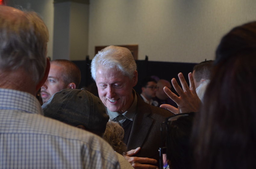 President Bill Clinton shaking hands at a campaign event for Josh Riley, candidate for the NY-19 congressional district, held November 2 in Hurleyville.