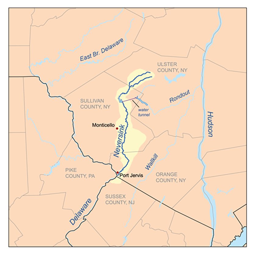 A map of the Neversink River, created based on USGS data.