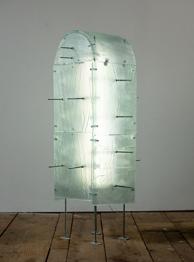 Lizzie Wright’s "Frankenstein-like constructions," the CAS wrote, "are brought to life by flowing electricity. Her use of glowing and reflective light is an effective conduit for mood, tone, and emotion." Pictured is "Mailbox."