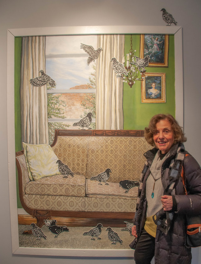 I asked gal-pal Val Mansi to stand with Robin Almquist's painting titled "Livingroom"—exhibited at the DVAA in Narrowsburg—in order to convey a sense of scale for the photograph.