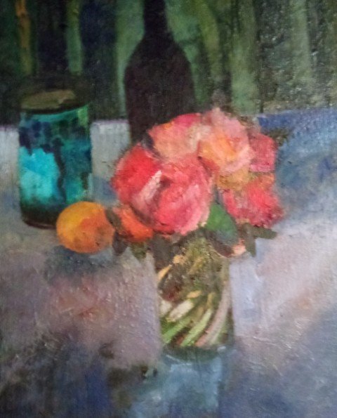 "Roses in a Striped Vase," by Helena Pittman