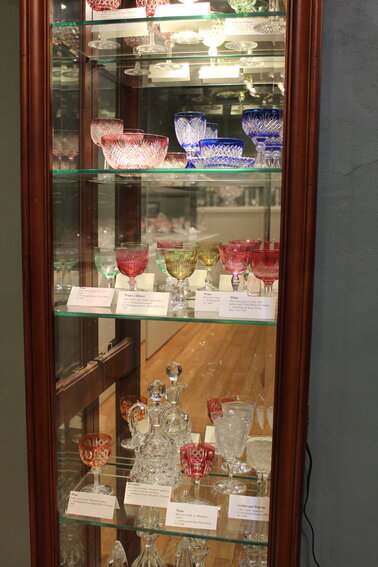 A display of Dorflinger glass at the Factory Museum, 2021.