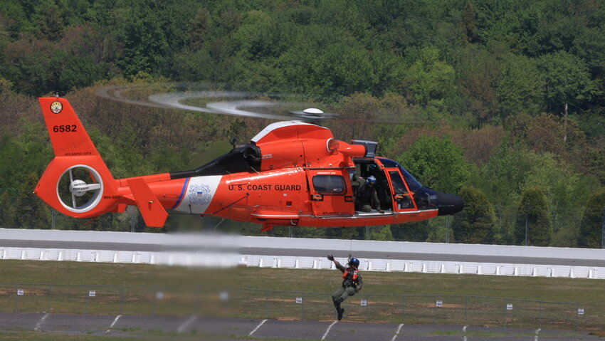 The U.S. Coast Guard performs a mock search-and-rescue mission using the MH-65 helicopter...