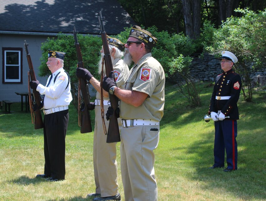 Peter Barnes of the American Legion, and Fred Bosch and Bob Grimm of the VFW, were part of the honor guard that provided the three-volley gun salute at Memorial Day ceremonies held at Heroes Park in Eldred. ..