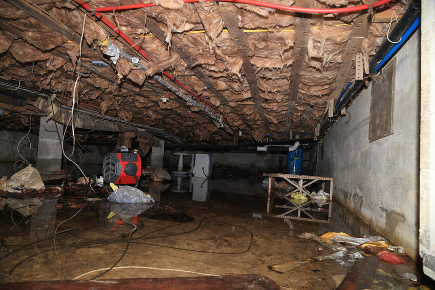 A shallow layer of water covers the Newtons' basement floor. Alexis said the flooding has her concerned about mold.