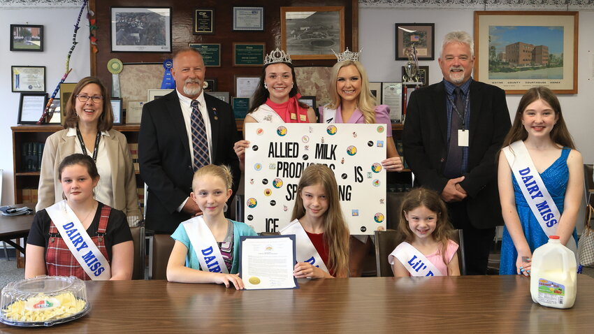 The Wayne County Commissioners proclaimed June as Dairy Month and July as Ice Cream Month. Pictured in front are Kenley Roberts, left; Chloe Tyler; Truly Zablocky; Everly Zablocky; and Zoe Tyler. Pictured in back are Jocelyn Cramer, left; Brian Smith; Natalie Grumbine; Miranda Moore; and James Shook.....