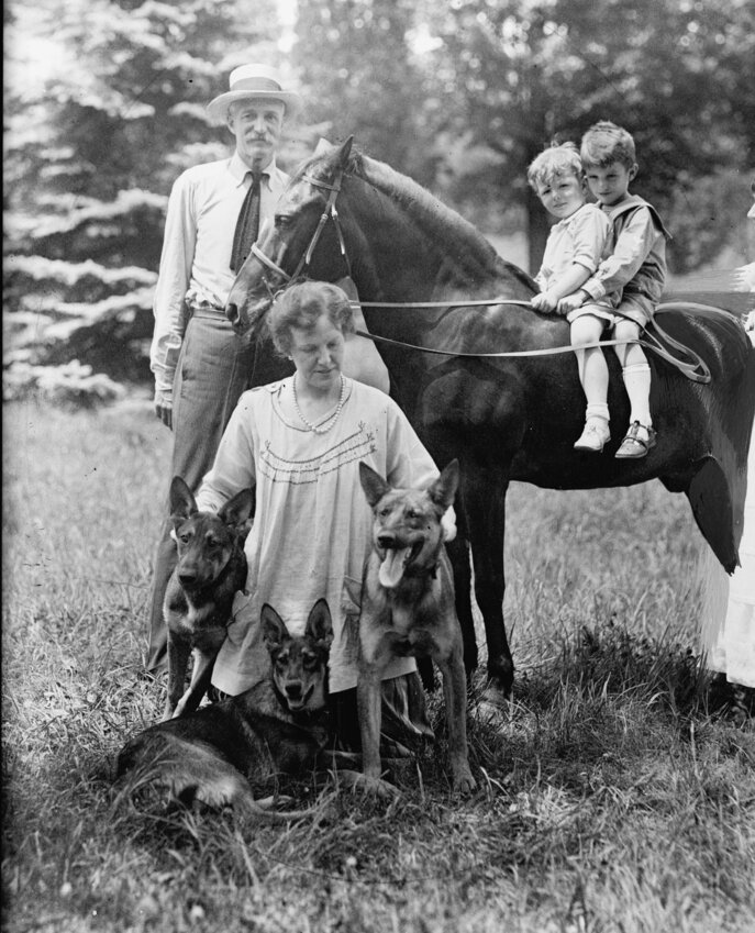 Gifford Pinchot, left, and Cornelia Bryce Pinchot, with son Gifford Bryce Pinchot and an unidentified boy on horseback, ca. 1918. Photo originally from the Library of Congress...