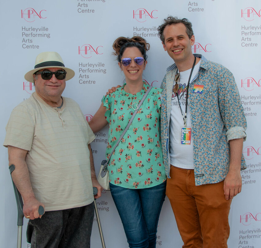 Catskills News Talk Radio's Mike Sakell, left; Bold Gold Media general manager Dawn Ciorciari; and HPAC co-executive director Tal Beery celebrate diversity at Hurleyville's Rainbow Fest last Saturday.