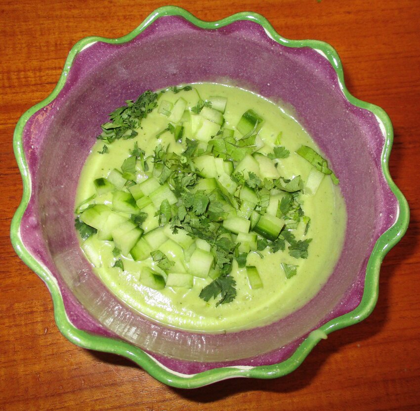 Cucumber avocado soup is a fresh and easy starter.
