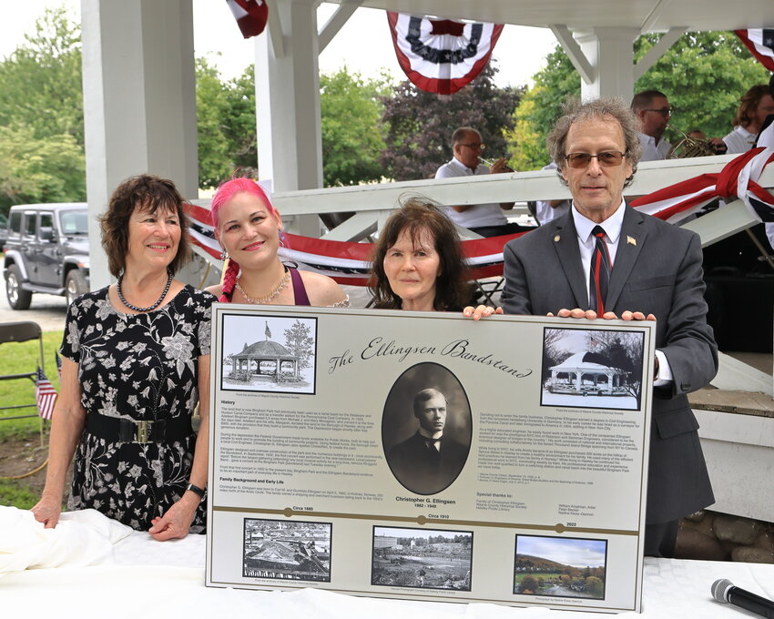 Ellingsen family descendants pose with Hawley mayor John Nichols behind the sign donated by their family. The sign offers historic information about Hawley Park and Christopher Ellingsen. Pictured are three sisters, daughters of the late June Strait, who was a daughter of Christopher Ellingsen: Mary Ellingsen, left; Myra Ellingsen McCourt; Nicolina Ellingsen; and John Nichols, Hawley mayor.....
