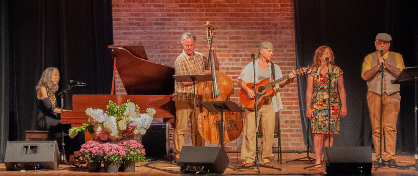 Kazzrie Jaxen, left; Roger Brinkerhoff; Andre Turan; Caroline Verdi; and Shawn Bailey paid musical tribute to Ramona Jan at the Tusten Theare last weekend.