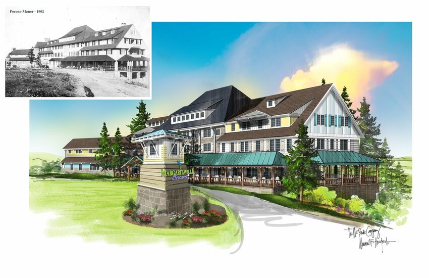 A stop on the Scranton rail line: The Margaritaville Hotel Pocono Mountains. When completed, the resort village will pay homage to the original 1902 Pocono Manor (inset), which burned down in 2019. Donated space in the resort will be used for an Amtrack station.