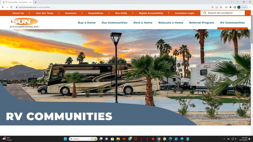 This screenshot of a Sun Communities webpage show motorhomes in one of their RV parks.