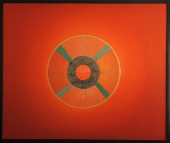 “Red Orange Circle” by Carol Smith is one of the works on display through June at the Old Stone House in Woodbourne, NY...