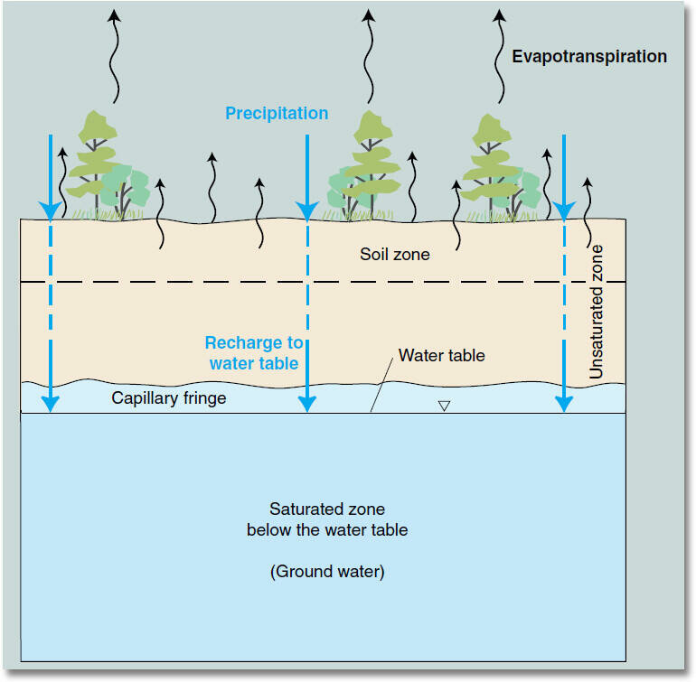 This is a simplified diagram showing how the ground is saturated below the water table (the solid blue area at the bottom). The ground above the water table (the pink area) might be wet to a certain degree, but it does not stay saturated. The dirt and rock in this unsaturated zone contain air and some water and support the vegetation on the Earth. The saturated zone below the water table has water that fills the tiny spaces (pores) between rock particles and the cracks (fractures) in the rocks.