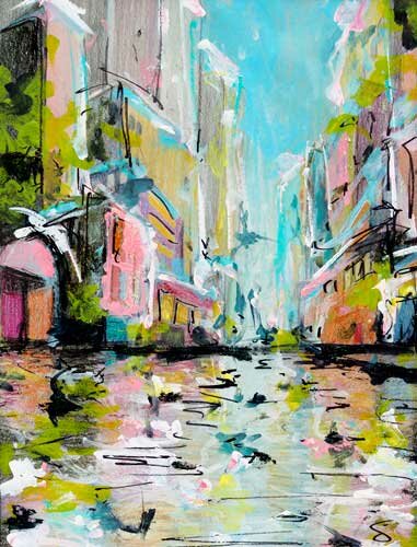 The ARTery Gallery's September exhibit, which opens on Thursday, September 12, is titled "Brush and Knife: Vibrant Visions in Oil and Acrylic." Pictured is Laura Lippay's "A Perfect Day Downtown."