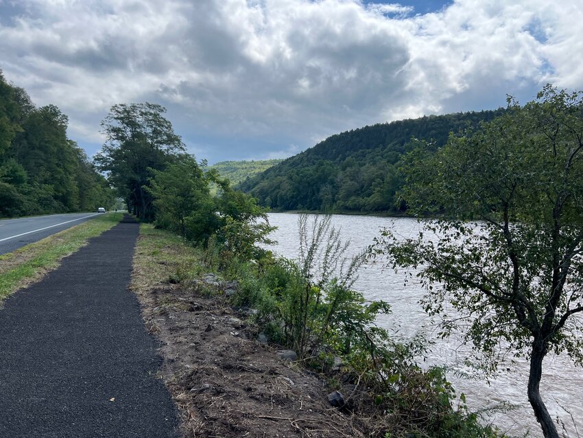 A section of the Kate Project trail under construction just south of Roebling's Delaware Aqueduct. The Delaware River is on the right and Route 97 is visible on the left.