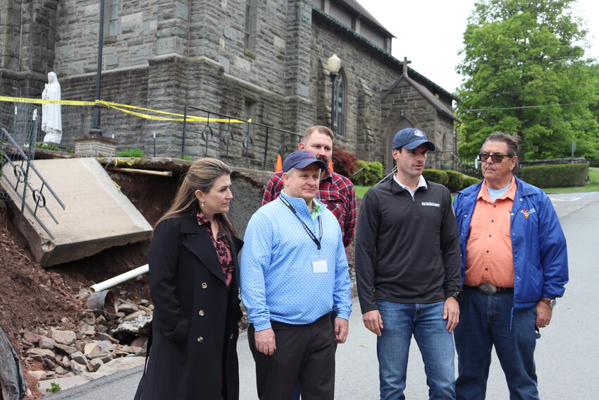 State Senator Rosemary Brown, left, Interim Borough Manager Kevin Kundratic, Department of Public Works Director David Nilsen, Representative Rob Bresnahan and Borough Councilor James Cordaro discuss the flooding in Honesdale of Tuesday, May 6.