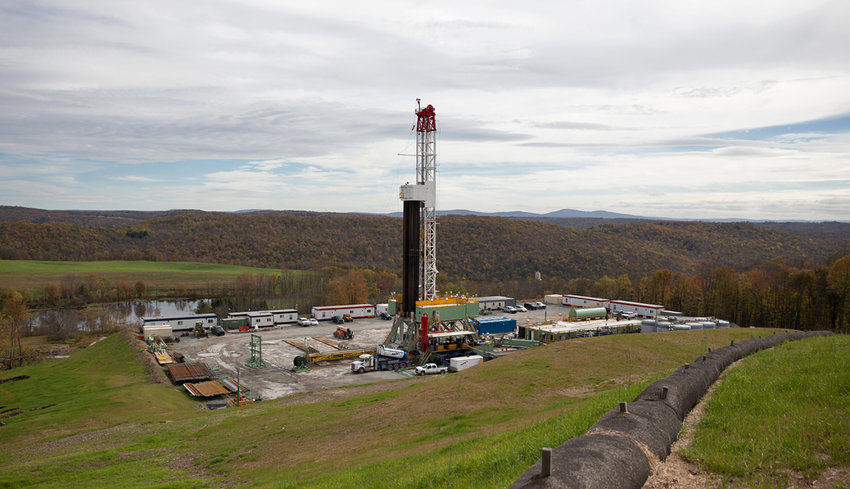 Cabot Oil &amp; Gas Corporation has six drill rigs running in Susquehanna County, Pennsylvania.  This rig is the most recent as of October 2013 in Kingsley, Pa.   (Lindsay Lazarski/WHYY)