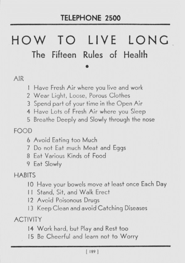 A list of health tips from the 1933 diary of Martha Schultz Smith of Eureka, NY.