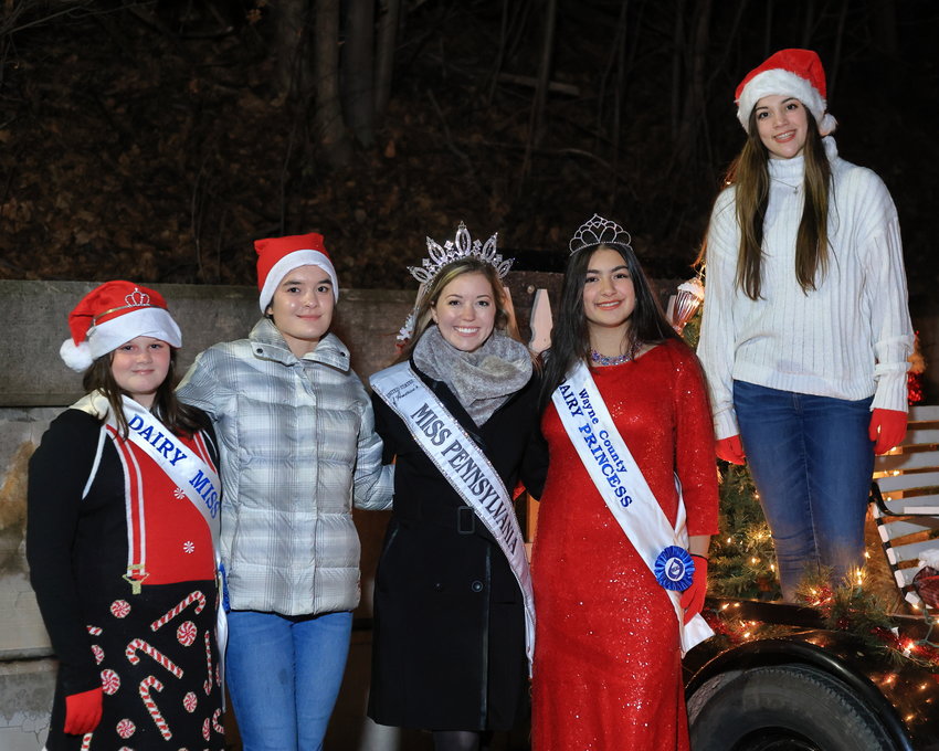 Miss Pennsylvania poses with Wayne County Dairy Princesses and Misses&mdash;past and present. Pictured are Kenley Roberts, 2022 Wayne County Dairy Miss, left; Madison Roberts, 2021 Wayne County Dairy Princess; Sydney Miller, 2023 Miss Pennsylvania; Elektra Kehagias, 2022 Wayne County Dairy Princess; and Sydney Roberts, 2021 Wayne County Dairy Miss...