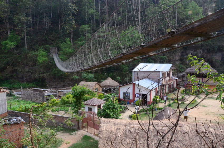 The suspension bridge above Mirlung Xavier's English School, Chandrawati, Nepal.