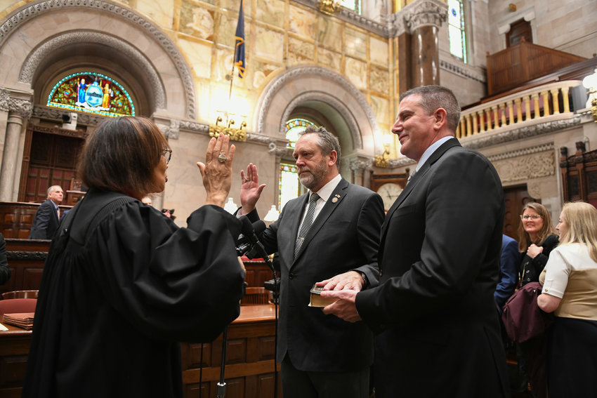 NYS Sen. Peter Oberacker takes the oath of office on the floor of the New York State Senate at the Capitol in Albany.