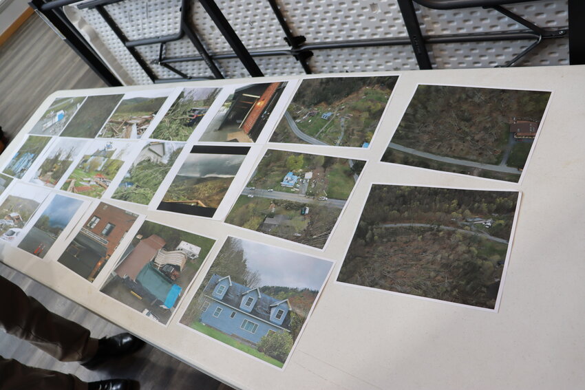 A selection of photos displayed at a Thursday, April 27 press conference show the damage done to Sullivan County by the tornado of April 22.