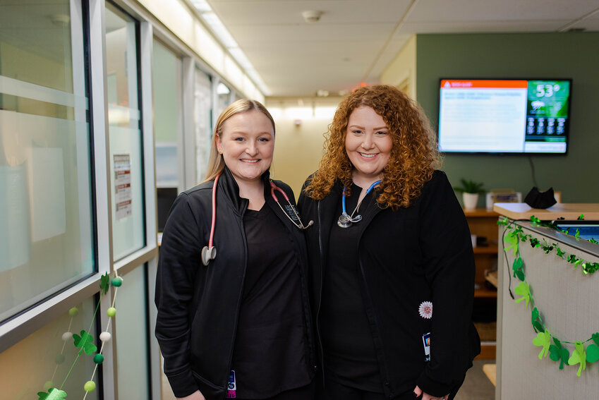 Nurse Manager Tiffany Richmond, LPN, right, and Assistant Nurse Manager Raelynn McCafferty, LPN, were instrumental in developing COVID-19 pandemic protocols for health care teams and patients to follow at the Wright Center for Community Health&rsquo;s network of primary and preventive care practices in northeast Pennsylvania.