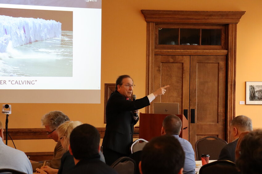 Meteorologist Glenn &quot;Hurricane&quot; Schwartz gives the keynote speech of the Water Resources Association of the Delaware River Basin's April 28 conference.