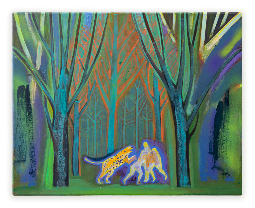Jennifer Coates, &quot;Leopard Attack,&quot; 2022, acrylic and spray paint on canvas