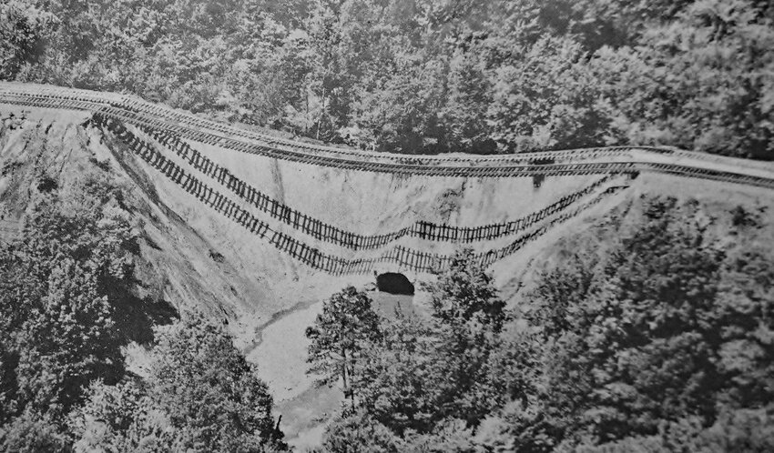 DL&amp;W tracks hanging in the air after wash-out at Devil&rsquo;s Hole - taken during fly-over by U.S. Army Signal Corps, August 1955. Notice the culvert at the base.