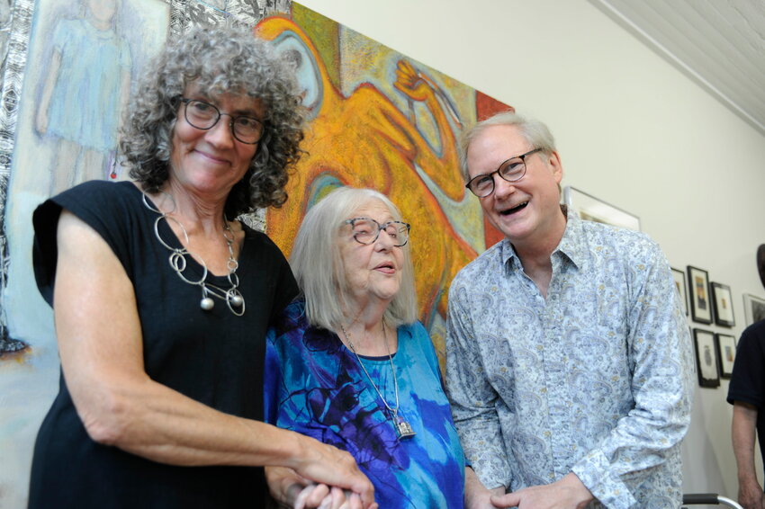 The opening reception of &ldquo;State of Being: the Art of Nancy Wells&rdquo;. Deborah Pollak, WCAA co-curator, left; Nancy Wells, multi-faceted artist; and Jay Hostetler, WCAA gallery co-curator. ..