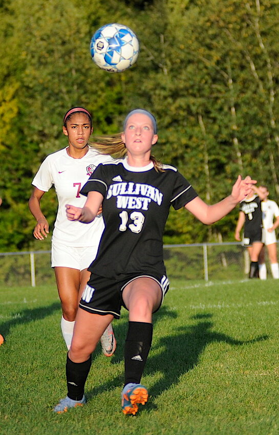 Heads-up soccer. Sullivan West&rsquo;s Sophie Flynn gets her noggin in the game as O&rsquo;Neill&rsquo;s Jael-Marie Guy closes in on the action.