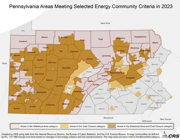 Areas in Pennsylvania that may be eligible for the Energy Communities Bonus Credit.