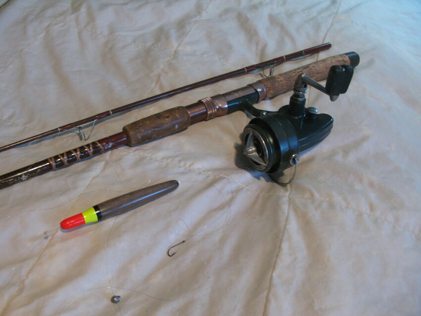 The author's spinning rod, rigged for bobber fishing.