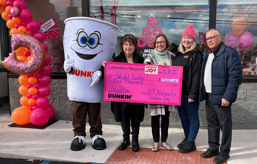 The Wright Center for Patient &amp; Community Engagement received a $5,000 donation from Dunkin&rsquo; franchisee group, the Lufrankton Network, and the Dunkin&rsquo; Joy in Childhood Foundation. The gift will support PCE&rsquo;s initiatives to promote the health and wellness of area children and their families. Pictured are an unnamed person dressed as a Dunkin' Donuts coffee cup, left; Mary Marrara; Gerri McAndrew; and Lufrankton Network representatives Kristen Kleintop and Antonio Sequeira.....