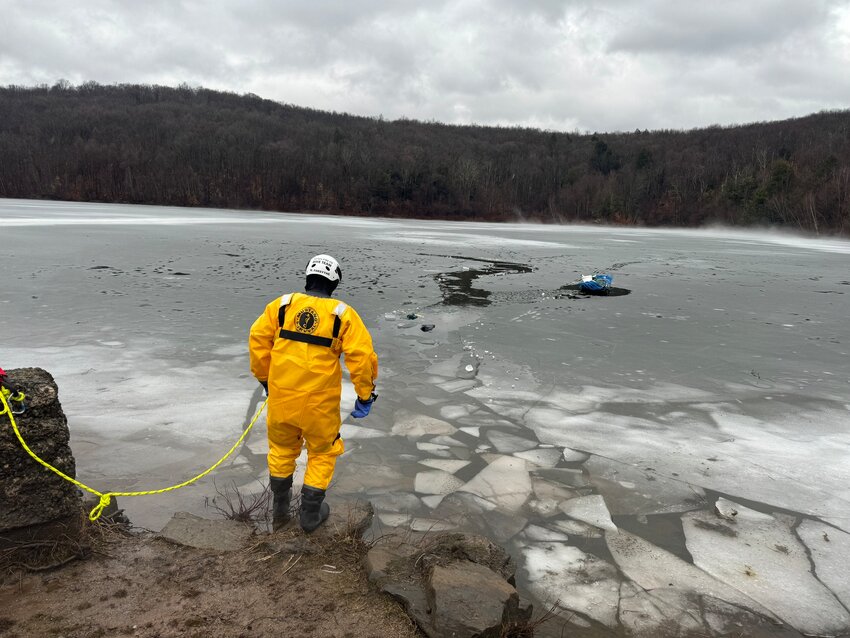 The Tafton Dive/Rescue Team on February 27 rescued two people and $4,000 in ice fishing equipment that fell through the rotten ice at Prompton reservoir.
