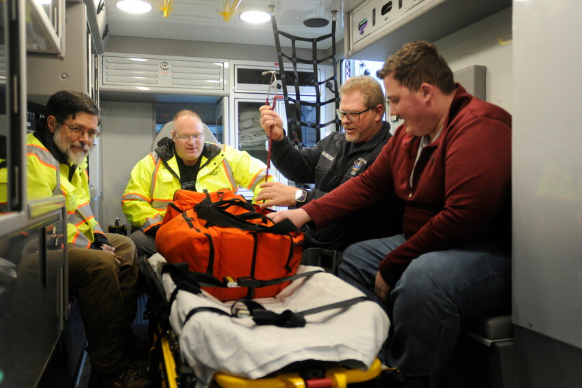 EMTs from Livingston Manor Volunteer Ambulance Corps, at your service. Pictured are captain Ralph Bressler, left; president Alex Rau; trustee Gordon LeRoy; and Tyler Black. The training session is titled &quot;Indication for and use of iGel Supraglottic Airways.&quot;..