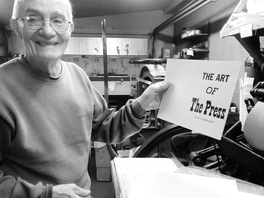 Ed Kraus is all smiles as he shows off an announcement of the May 2018 Narrowsburg Union exhibition of his work as a printer, curated by Brandi Merolla.