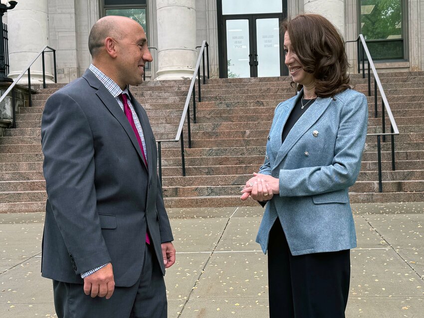 Sullivan County Patrolmen's Benevolent Association president Jack Harb meets with Paula Elaine Kay, Democratic candidate for Assembly District 100. Kay received the backing of the PBA for her experience as a town attorney, and for her support of and positions on law enforcement.