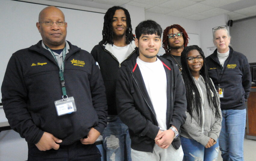 At the Sullivan BOCES EMT morning class. Pictured are class instructor Darryl Raynor, left; Bryce Corley; Ronny Rivas Guardado; Darius Hope; Rayanna Cottman; and teaching assistant Joanne Evans...