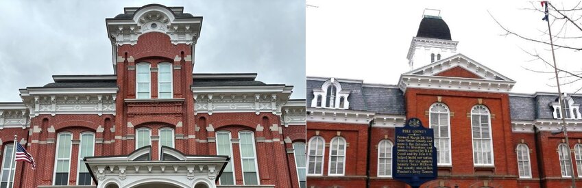 Pictured are the ornate red brick edifices of the Wayne County Courthouse in Honesdale (left) and the Pike County Courthouse in Milford (right), both home to their county's election offices.