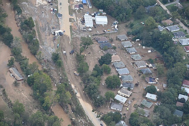 Aerial shot of Buncombe County, NC following Hurricane Helene