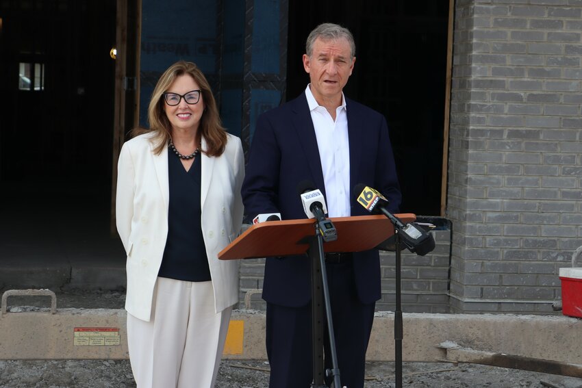 Attorney Marion Munley, left, and former congressman Matt Cartwright, her husband, stand at a conference on Thursday, June 5. Cartwright called the conference to announce that he would not challenge Representative Rob Bresnahan in the 2026 mid-term elections.