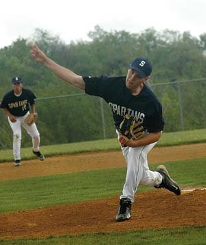 SULLIVAN SPARTANS PITCHER Harris Seletsky throws a strike as shortstop Lenin Sepulveda looks on in the background during the first game of Sunday&amp;rsquo;s Collegiate Baseball League (CBL) doubleheader at Sullivan County Community College&amp;rsquo;s on-campus baseball field. In the photo below, Wappingers Yankee